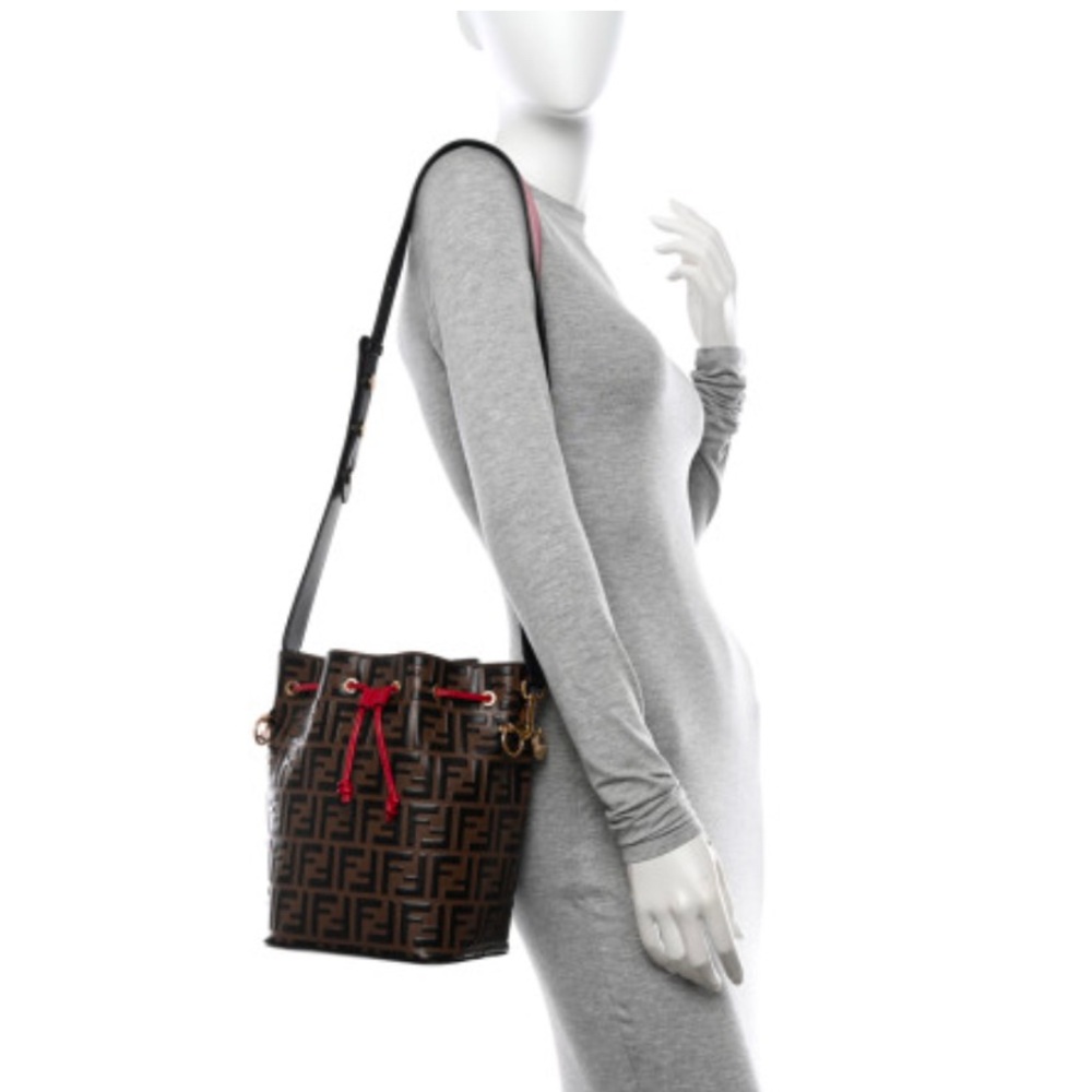 Fendi Brown/Red Zucca Leather Mon Tresor Bucket Bag